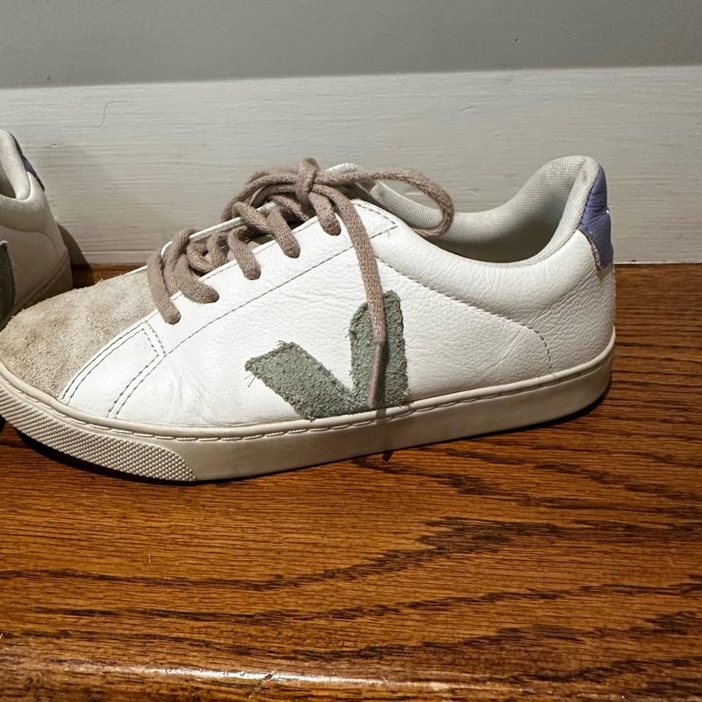 White Veja Sneakers with Green and Purple Accents (Used But Good Condition)